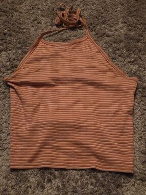 American Eagle Outfitters Striped Halter Ribbed Tank - Peach and White